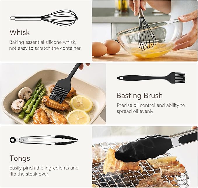 28 Pcs Silicone Cooking Utensils Set with Holder, Spatula Set, Silicone Whisk, Scissors, Measuring Cups and Spoons Set with Stainless Steel Handle Kitchen Gadgets (Black)