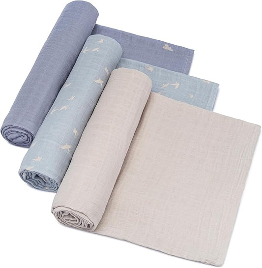 Parker Baby Co. Swaddle Blankets - Pack of 3 of 100% Cotton Muslin Swaddle Blankets for Baby Boys and Girls - Unisex/Gender Neutral - Cloud Set