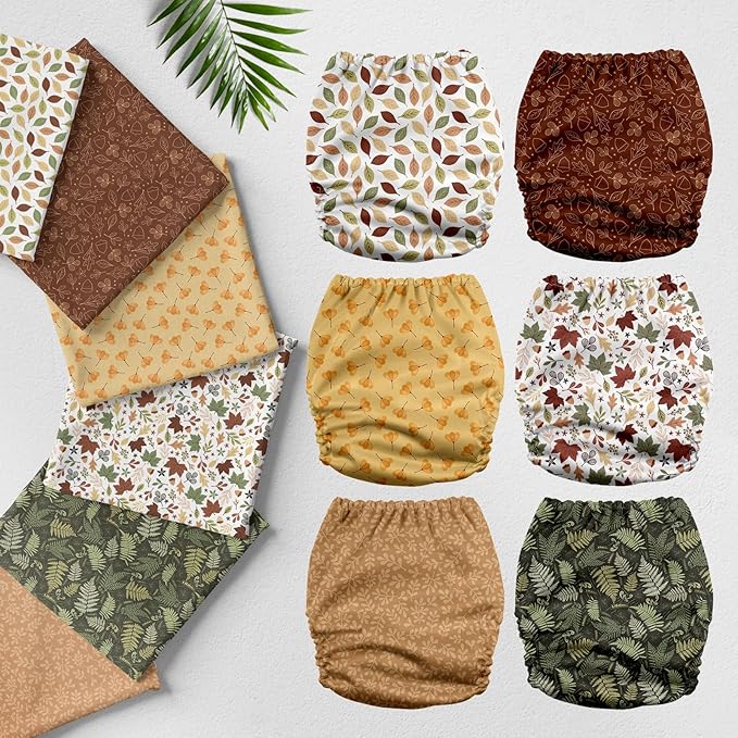 Mama Koala 3.0 Pocket Cloth Diapers for Babies with AWJ Lining, 6 Pack with 6 5-Layer Natural Cloth Diaper Inserts - Reusable and Washable Pocket Diapers(A-Falling Leaves)