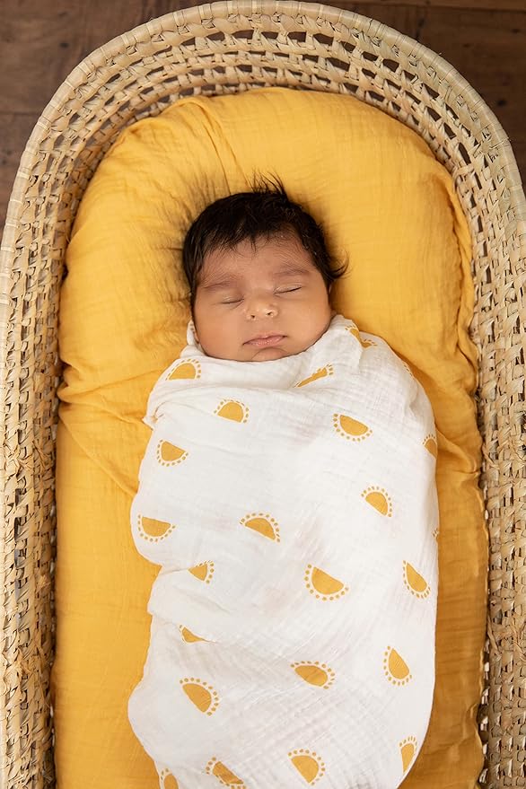 Sticky Toffee Muslin Swaddle Baby Blanket, Yellow Suns, 47 x 47 in, Soft Breathable Oeko-Tex Cotton Newborn Wrap and Receiving Blanket