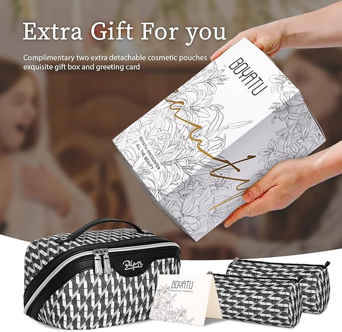 BOYATU Travel Makeup Bags for Women: Large Capacity Cosmetic Bag Set of 3 - Vegan Leather Make up Bags with Compartments - Wide Open Waterproof Toiletry Organizer Bag with Handle (B-04-Black)