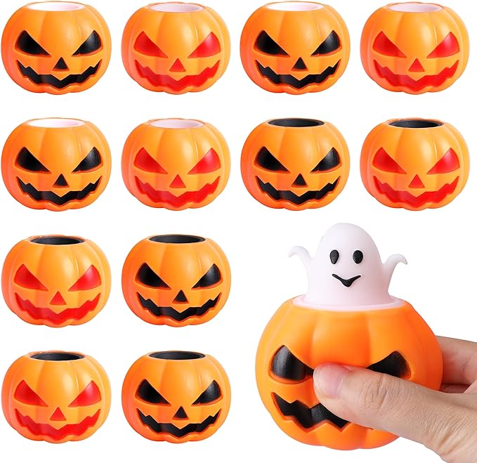 Tlswshsy 12 Pcs Halloween Pumpkin Squishy Toy, 2 Colors Pumpkin Relieve Stress Fidget Toys, Squeeze Sensory Ghost Toys for Halloween Party Decoration Trick or Treat Office Toy