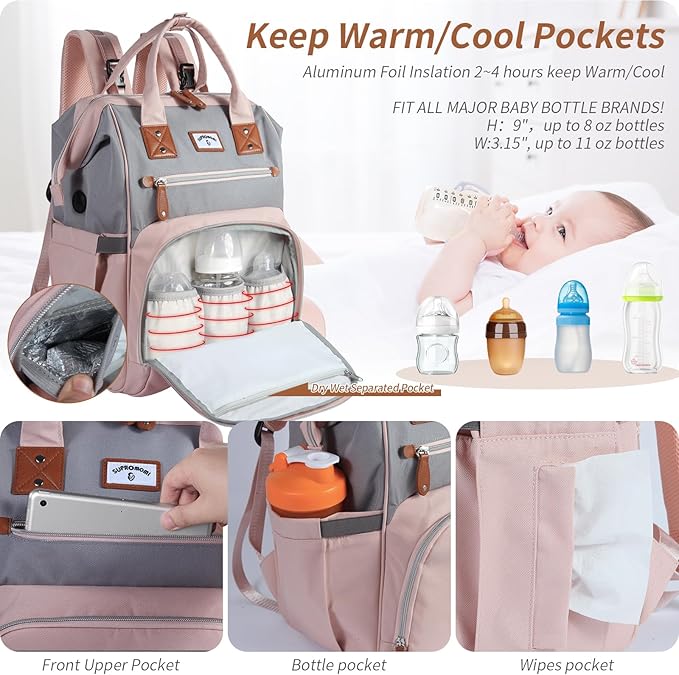 Diaper Bag Backpack: Tote Baby Bag for Boy and Girl, Large Mommy Bag Insulated Pockets Charger Holes for Men and Women, Nappy Bag for Baby Airplane Traveing Pink Gray