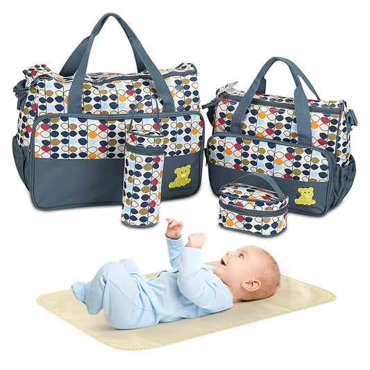 5PCS Diaper Bag Tote Set for Baby Essentials – Large Baby Bags for Mom, Waterproof Maternity Bags with Bottle Bag, Food Bag & Changing Pad (Gray)