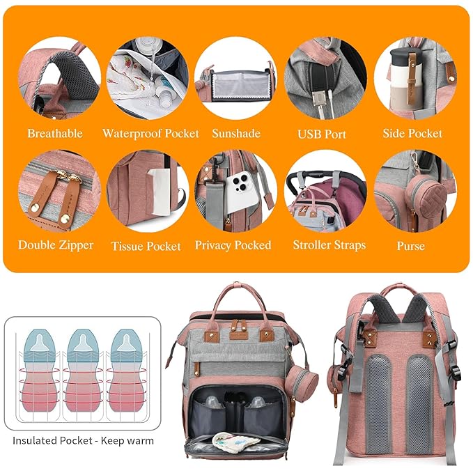 Baby Diaper Bags with Changing Station, Waterproof Diaper Bag Backpack for Moms Dads with USB Charging Port, Baby Shower Gifts, Large Capacity diaper backpack, Grey Pink