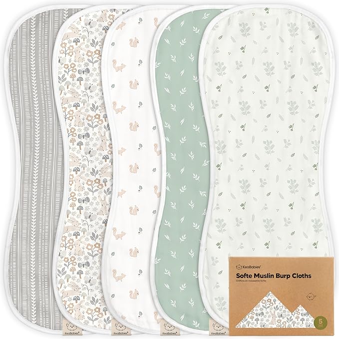 5-Pack Muslin Burp Cloths Baby Boy, Girl - Very Absorbent Baby Burp Cloth Rags, 8-Layers Viscose Derived from Bamboo Cotton Muslin Towel, Super Soft Spit Up Rags, No Shrink Washcloths (Prairie)