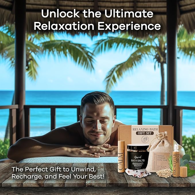 Soulistic Root Relaxing Bath Gift Set, Luxury Spa Gifts for Women, Self Care Products for Women and Men, Calm Essential Oil Roller, Oatmeal Lavender Bath Soak & Epsom Salts with Essential Oils