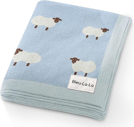 Knit Baby Swaddle Blanket for Boys - 100% Cotton Soft Cozy Lightweight Receiving Swaddling Stroller Quilt Blanket for Newborns Infants Toddlers (Sheep - Baby Blue)