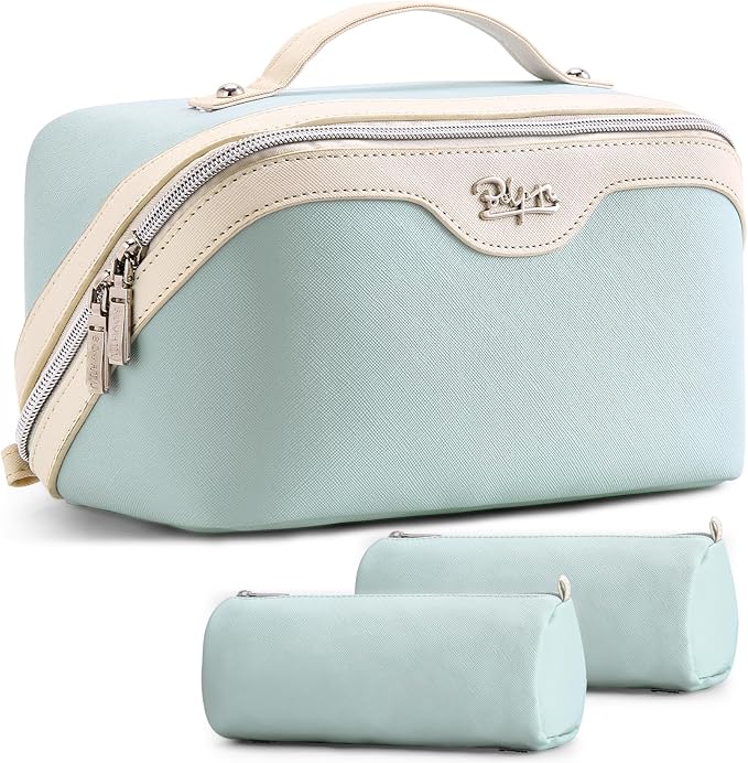 BOYATU Travel Makeup Bag Organizer Cosmetic Bag: 3 Pcs Set Make up Bags for Women with Handle - Waterproof Vegan Leather Toiletry Bags Travel Essentials Pouch with Compartments (A-06-Blue)