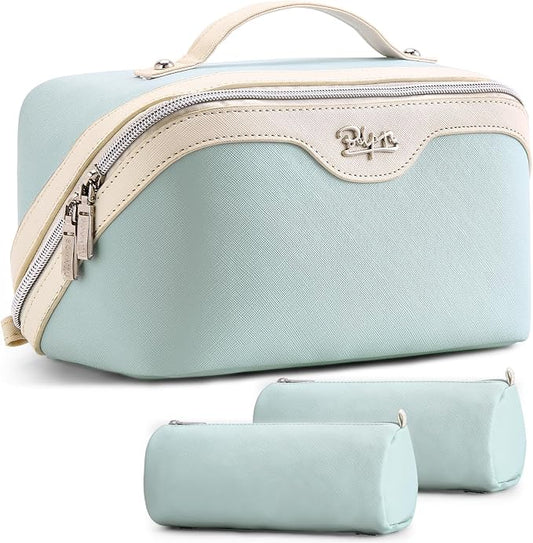 BOYATU Travel Makeup Bag Organizer Cosmetic Bag: 3 Pcs Set Make up Bags for Women with Handle - Waterproof Vegan Leather Toiletry Bags Travel Essentials Pouch with Compartments (A-06-Blue)