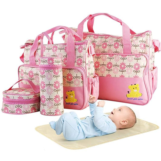 5PCS Diaper Bag Tote Set for Baby Essentials – Large Baby Bags for Mom, Waterproof Maternity Bags with Bottle Bag, Food Bag & Changing Pad (Pink)