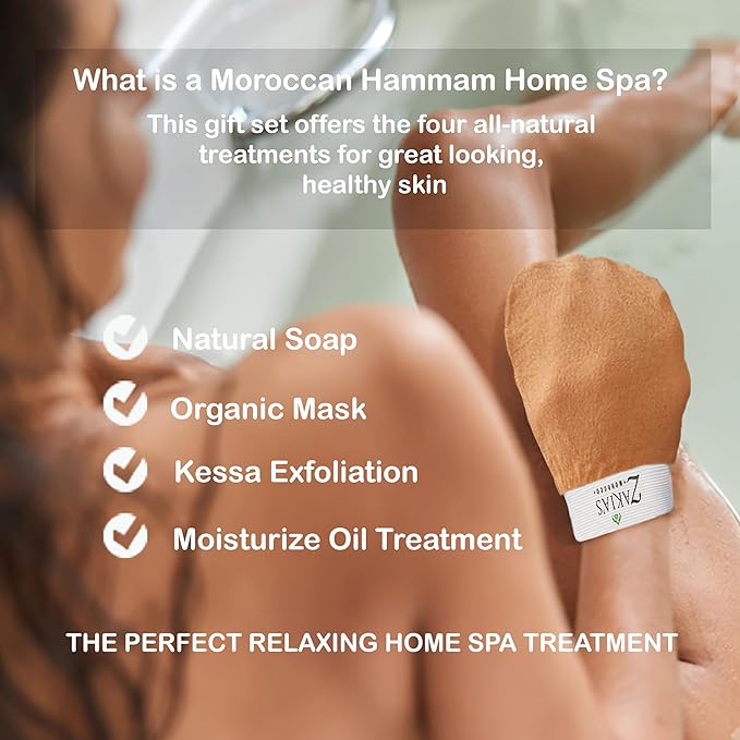 Moroccan Hammam Spa Rejuvinating Ritual Beauty Skincare Kit - 6 piece, Moroccan Orange Blossom Black Soap, Body Clay, Argan Oil, Pure & Natural, Purifying, Cleansing, exfoliating for every skin type.