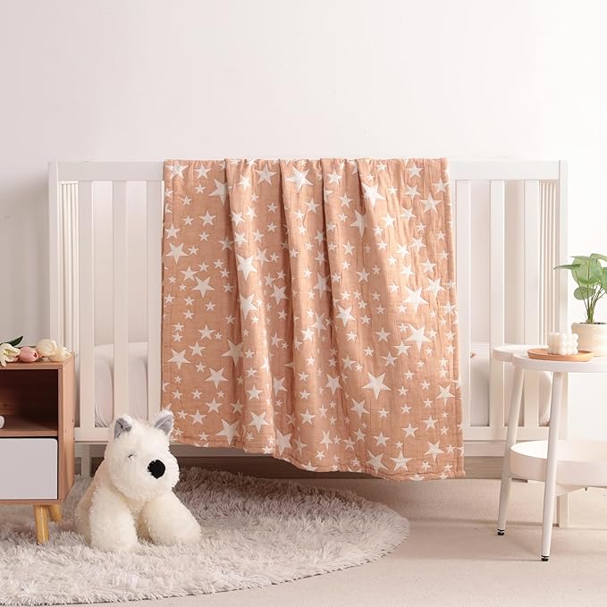 NTBAY 3 Layer Toddler Blanket, Muslin Cotton Jacquard Bed Blankets, Lightweight Thermal Baby Blanket, Super Soft and Warm Crib Blanket for All Seasons, Decoration Gift, 45"x60", Pale Orange Star