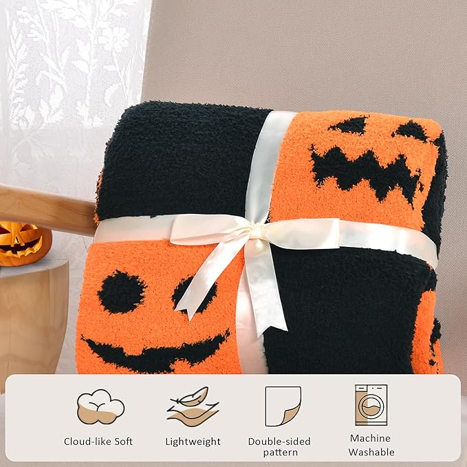Halloween Pumpkin Throw Blanket - Checkerboard Pattern with Spooky Pumpkin Faces - Soft Flannel Cozy Blanket for Couch, Bed & Fall Decor - Horror Style Halloween Blanket (50"x60")