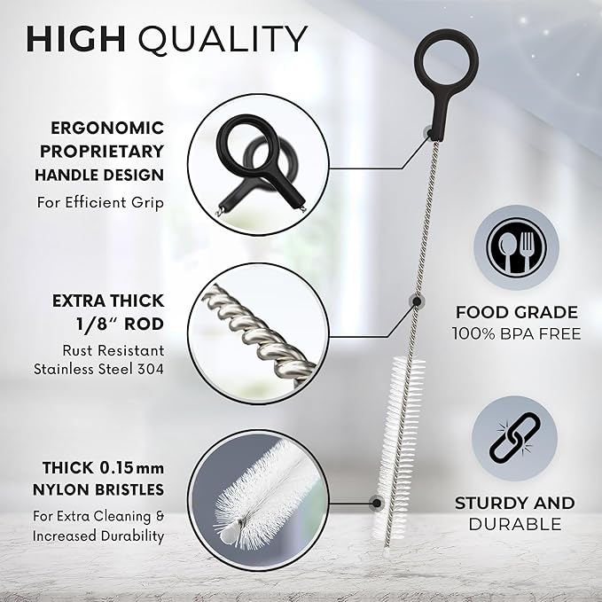 Heavy Duty Cleaning Brushes Set of 8 - Extra Long Straw Cleaners for Metal and Plastic Reusable Drinking Straws, to Clean Small Spaces, Sippy Cups, Water Bottles - Sturdy Hard Brush Bristles