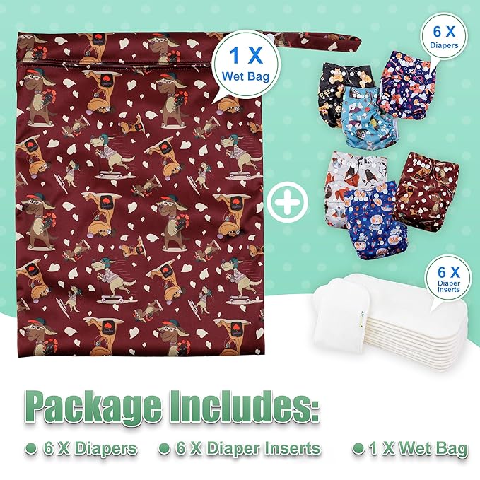 wegreeco Cloth Diapers 6 Pack with 6 Inserts & 1 Wet Bag, Washable Cloth Diapers for Babies, One Size Adjustable Reusable (Little Dogs)