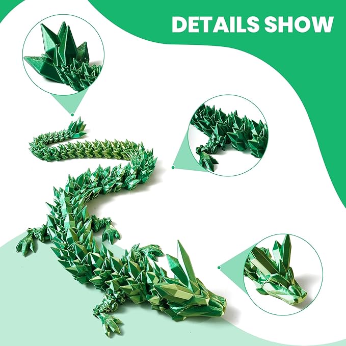 30'' 3D Printed Dragon - 3D Printed Toys, Articulated Crystal Dragon Large Rainbow Animal Fidget Toy, Decor Huge Dragons Collectible Figurines(Laser Green,30inch)