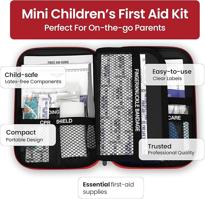 Small, First Aid and CPR Kit for children, toddler, and kids. Large Variety of Bandages to fit your childs injuries. Perfect travel first aid kit, Diaper Bag, Backpack, Car, and More. Quick and Effect