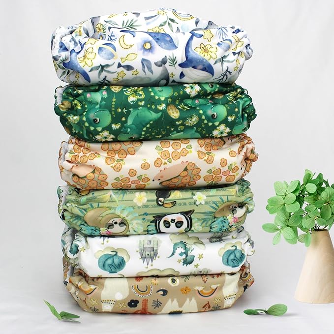 Mama Koala 3.0 Pocket Cloth Diapers for Babies with AWJ Lining, 6 Pack with 6 4-Layer Natural Cloth Diaper Inserts - Reusable and Washable Pocket Diapers (Animal Legends)