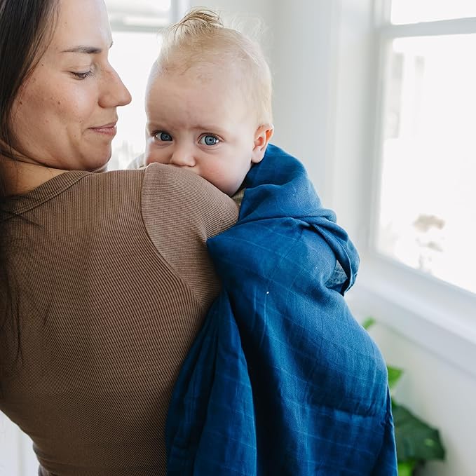 Featherhead™ 100% Cotton Muslin Swaddle Blankets for Baby Girl - Large 47”x 47” - Pre-Washed, Soft, & Breathable - Newborn Essential & Perfect Baby Registry Gift (4 Pack - Blue Solids)