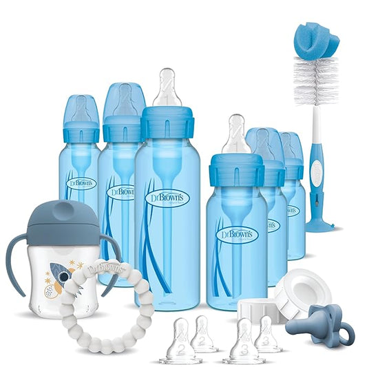 Dr. Brown's Natural Flow Anti-Colic Options+ Special Edition Blue Baby Bottle Gift Set with Soft Sippy Spout Transition Cup, Flexees Teether, Bottle Cleaning Brush and Travel Caps