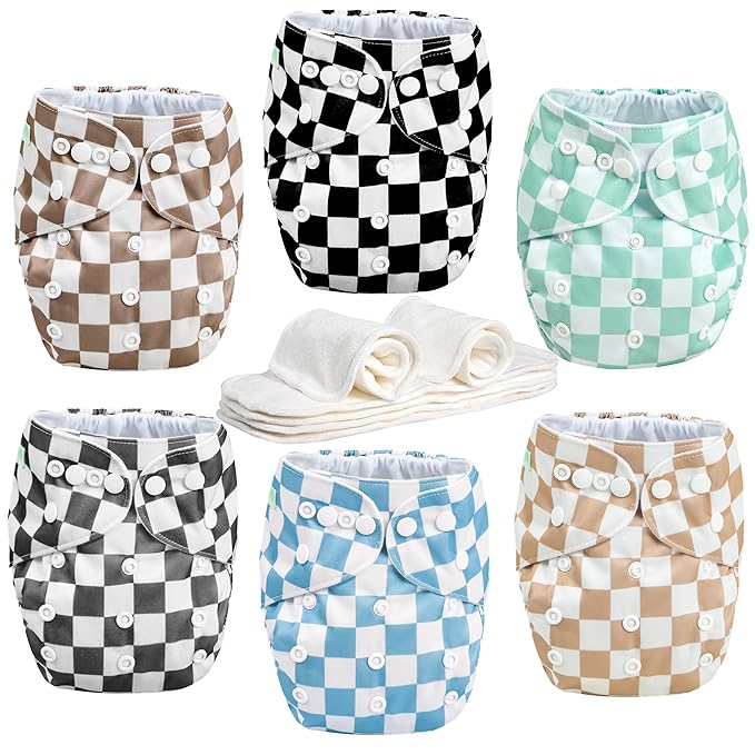 wegreeco Cloth Diapers 6 Pack with 6 Inserts & 1 Wet Bag, Washable Cloth Diapers for Babies, One Size Adjustable Reusable (Checkerboard)