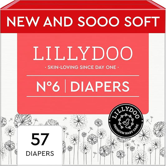 LILLYDOO Baby Diapers - Size 6 (29+ lbs), Half-Monthly Supply (57 Count), Leak Protection, Skin-Friendly, Ultrasoft, Perfume- & Chlorine-Free, Hypoallergenic, Dermatologist Tested, Oeko-TEX®