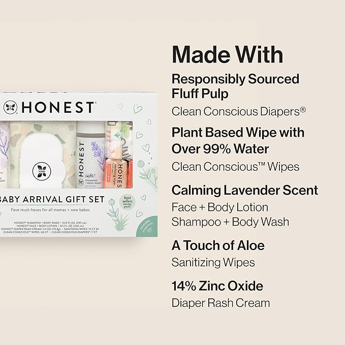 The Honest Company Baby Arrival Gift Set Newborn Essentials Welcome Box, Diapers Wipes Personal Care Diaper Rash Cream