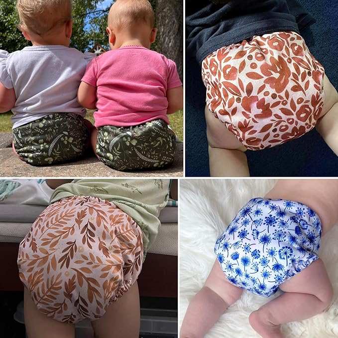 Mama Koala 3.0 Cloth Diapers for Babies with Suede Cloth Lining, 6 Pack with 6 Natural Diaper Inserts - Reusable Pocket Diapers (Neutral Leaves)
