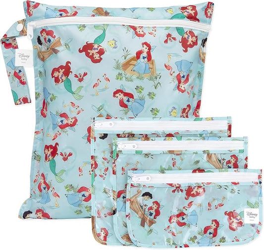 Bumkins - Waterproof Wet Bag & Clear Travel Bags - For Beach, Baby, Travel, Swim Suit, Cloth Diapers, Pump Parts, Pool, Gym, Toiletries - Reusable & Easy to Clean - Disney Ariel - 4 Pack
