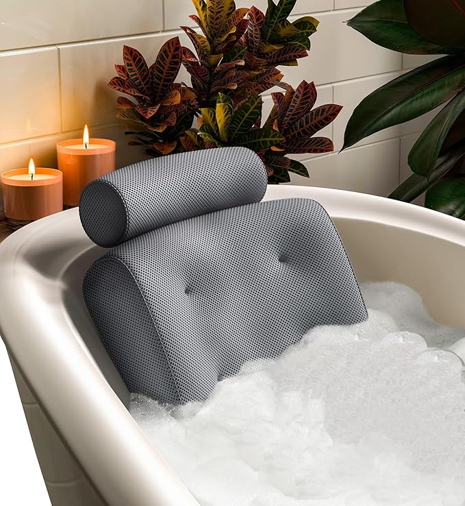 Everlasting Comfort Luxury Bath Pillows for Tub with Head and Neck Support - Non-Slip Bathtub Pillow with Suction Cups, Quick-Drying Mesh & Drying Hook - Jacuzzi & Spa Accessories for Women - Gray