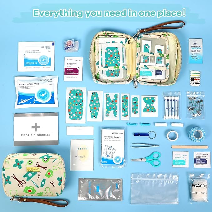 Portable Travel First Aid Kit for Kids and Adults, 143 Pieces All-Purpose Emergency First Aid Kit for Home, Car, Diaper Bag, Survival, Camping, Hiking, and More (Off-White)