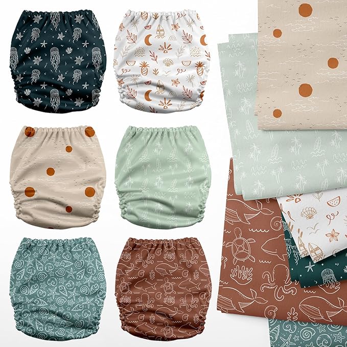 Mama Koala 3.0 Cloth Diapers for Babies with AWJ Lining, 6 Pack with 6 5-Layer Natural Cloth Diaper Inserts - Reusable and Washable Pocket Diapers(A-Seashore)