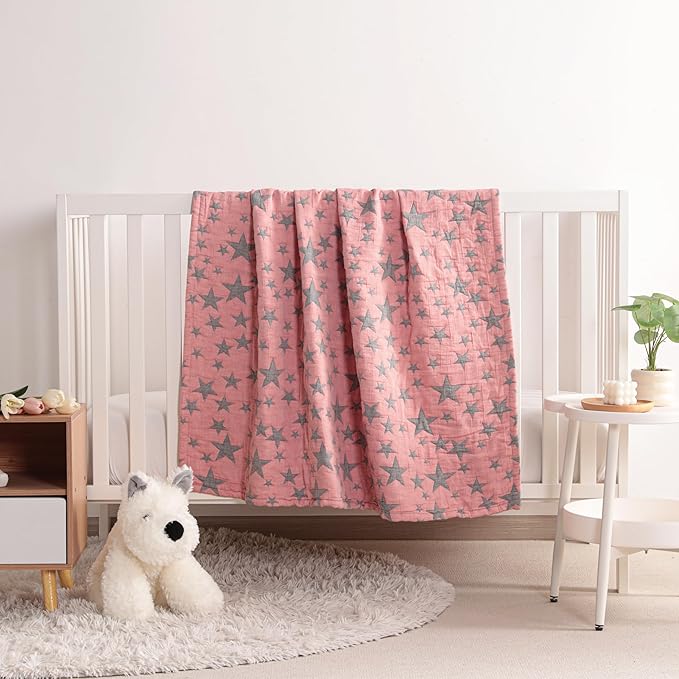 NTBAY 3 Layer Toddler Blanket, Muslin Cotton Jacquard Bed Blankets, Lightweight Thermal Baby Blanket, Super Soft and Warm Crib Blanket for All Seasons, Decoration Gift, 45"x60", Red and Black Star