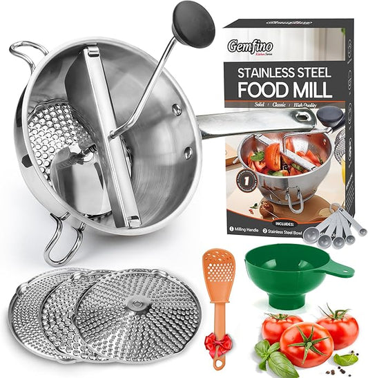 Stainless Steel Food Mills With 3 Milling Discs,Ergonomic design Of Rotary Food Mills For Tomato Sauce,Potatoes,Jams,Stainless Steel Handle and Dishwasher Safe,Includes Multifunctional Spoon