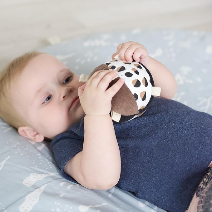 Wee Gallery Taggy Ball with Rattle, Soft Sensory Baby Toy, Sensory Ball with Organic Cotton Fabric, Little Tags & Gentle Rattle for Tummy Time, Grasping & Developmental Play, Acorns
