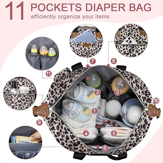 Diaper Bag Tote - Diaper Baby Bags with Pacifier Case, Shoulder Straps, Stroller Clips, Waterproof Large Mommy Maternity Travel Baby Bag for Mom and Dad, Leopard, Medium