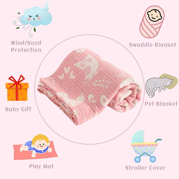 NTBAY 3 Layer Toddler Blanket, Muslin Cotton Jacquard Bed Blankets, Lightweight Thermal Baby Blanket, Super Soft and Warm Crib Blanket for All Seasons, Decoration Gift, 30"x40", Pink Owl