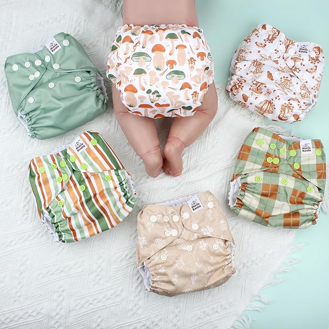 Mama Koala 3.0 Pocket Cloth Diapers for Babies with AWJ Lining, 6 Pack with 6 5-Layer Natural Cloth Diaper Inserts - Reusable and Washable Pocket Diapers(A-Mushrooms)