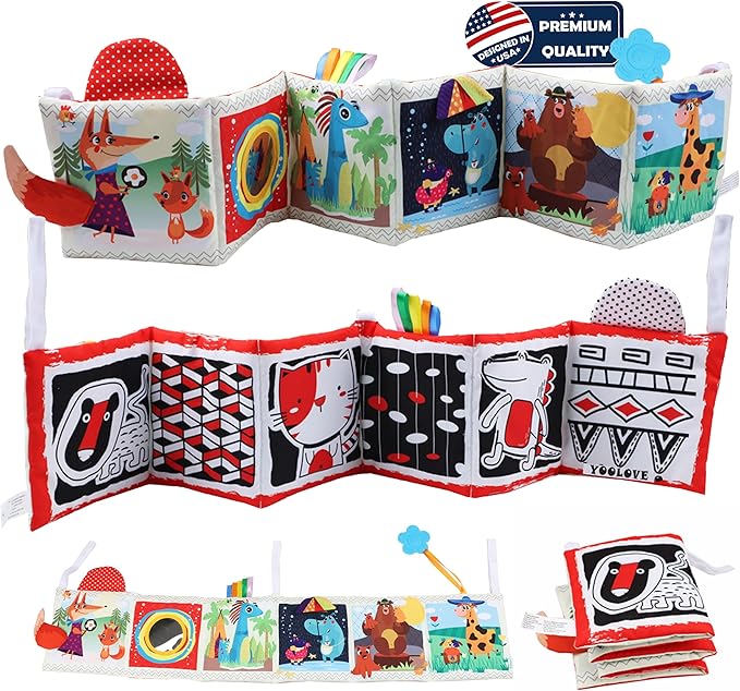 High Contrast Tummy Time Toys, Black and White Crinkle Books for Babies, Baby Books 0-6 Months, Infant Mirror Toy with Teether, Double-Sided Baby Toys for Boys and Girls