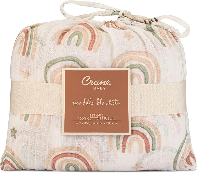 Crane Baby 100% Cotton Muslin Swaddle Blankets, Butterfly/Rainbow, Baby Swaddle Blanket, Set of 2, 47" x 47", Swaddles for Newborns, Baby Muslin Swaddle Blanket, Swaddle Blankets for Boys & Girls
