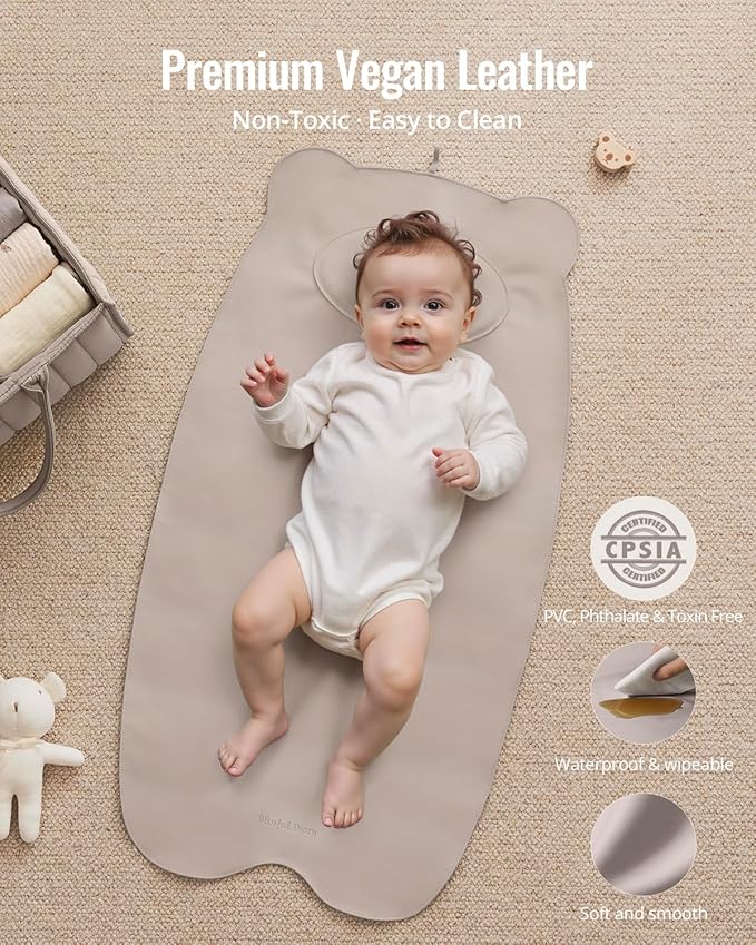 Blissful Diary Vegan Leather Portable Changing Pad, Wipeable, Waterproof Diaper Changing Mat, Newborn Shower Gifts, with Built-in Padding, Taupe
