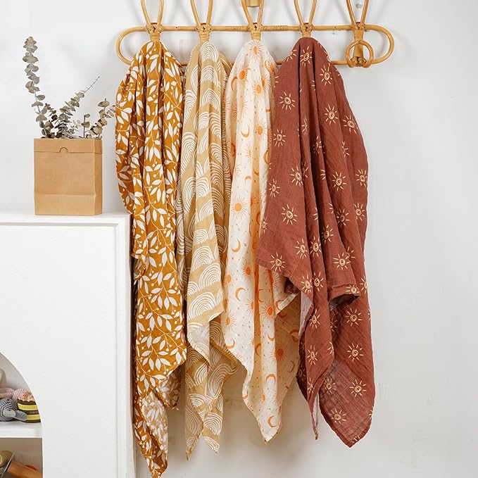 4 Set Muslin Swaddle Blankets for Newborn Baby Boys, Girls - Cute Soft Print Baby Towel Wrap 120x110cm - Yellow Floral