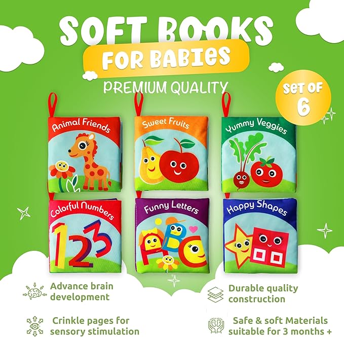 Cloth Books for Babies (Set of 6) - Premium Quality Soft Books for Babies. Touch and Feel Crinkle Paper. Cloth Books for Early Children's Development.