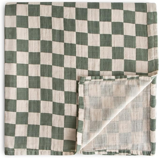 mushie Muslin Baby Swaddle Blanket | 100% Organic Cotton (Olive Check)