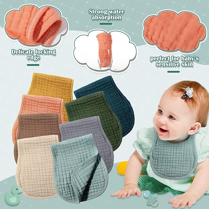 Frienda 8 Pieces Muslin Burp Cloths for Baby Cotton Burp Cloth 10 x 20 Inches Multi Colors Muslin Washcloths Diapers 4 Absorbent Layers Newborn Face Towels for Baby Boy Girl Unisex (Vivid Color)