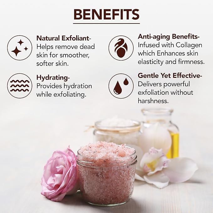MAJESTIC PURE Himalayan Pink Salt Body Scrub with Collagen and Sweet Almond Oil | Exfoliating Scrub for Skin Care, Stretch Marks, Acne, Cellulite | 10 oz
