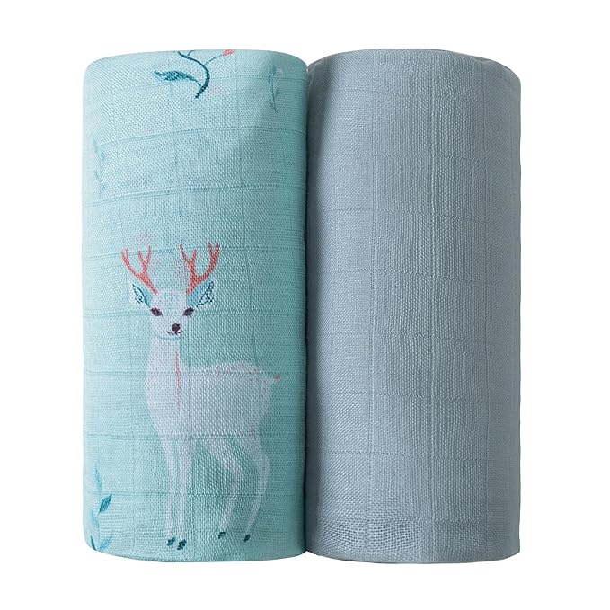 Viviland Muslin Swaddle Blankets, Breathable and Skin-Friendly Baby Receiving Blankets, 2-Pack Deer, 47 x 47 inches