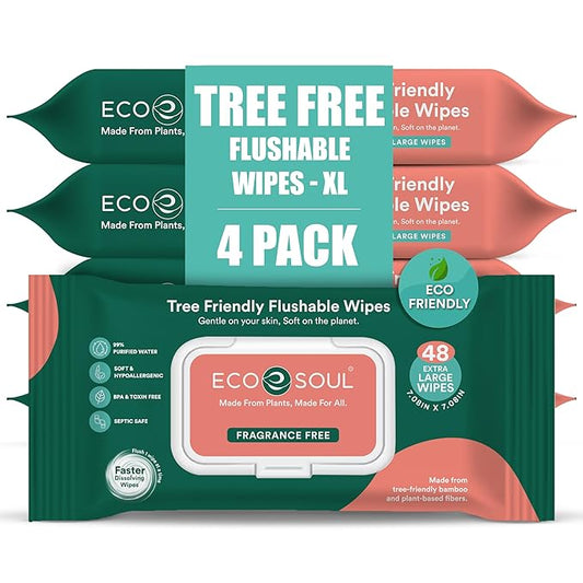 ECO SOUL Bamboo Flushable Extra-Large Adult Wipes-Unscented 192 Count |4 Pack of 48| Eco-Friendly Bamboo Wipes | 99% Purified Water, Hypoallergenic,Soft Wipes, BPA & Paraben free