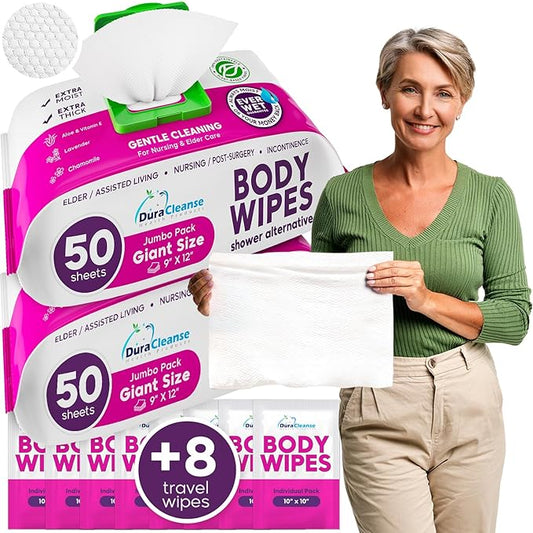 XL Bath Wipes for Adults Bathing No Rinse (2pk) - 100 Ct. + 8 Travel Body Wipes - 9"x12" Adult Disposable Washcloths for Elderly Incontinence - After Surgery Must Haves Supplies & Elder Care Products
